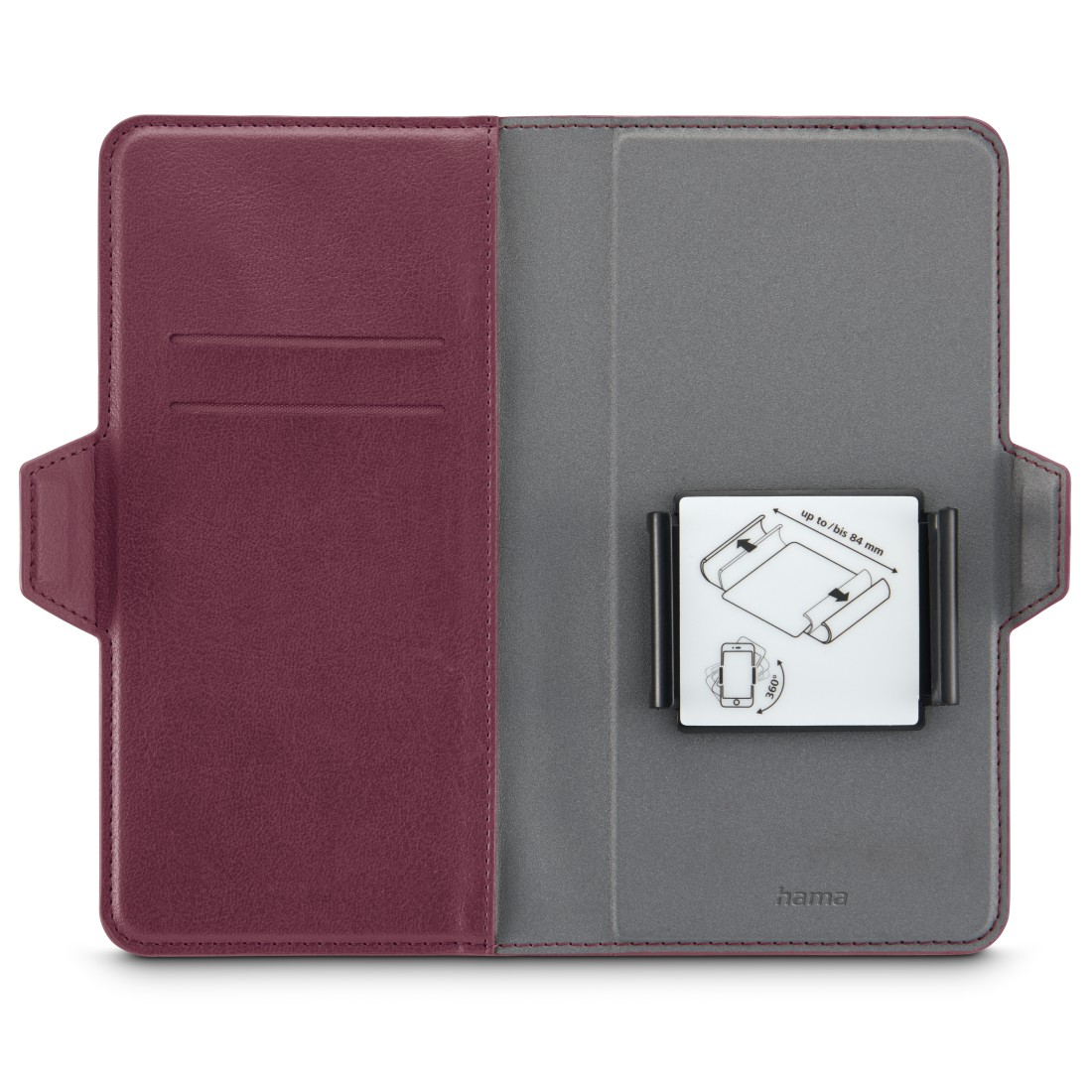 Geöffnete Tablethülle mit Tablethalter und Kartenfach. Rot und grau.
