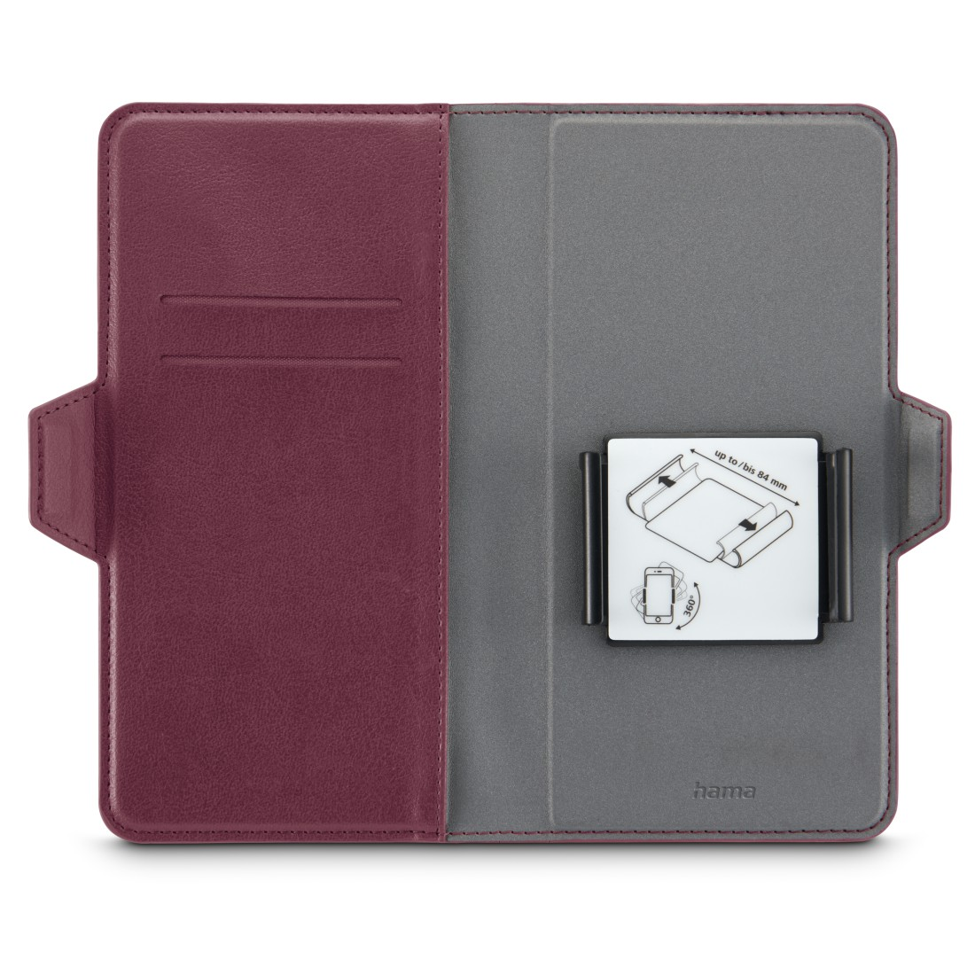 Tablet-Hülle, offen, weinrot und grau, mit Gerätehalter.