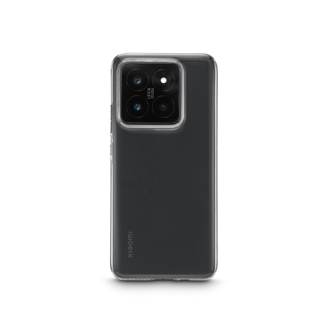 Schwarze Handyhülle mit Kameralinsen, Xiaomi-Logo und transparentem Rücken, auf weißem Hintergrund.