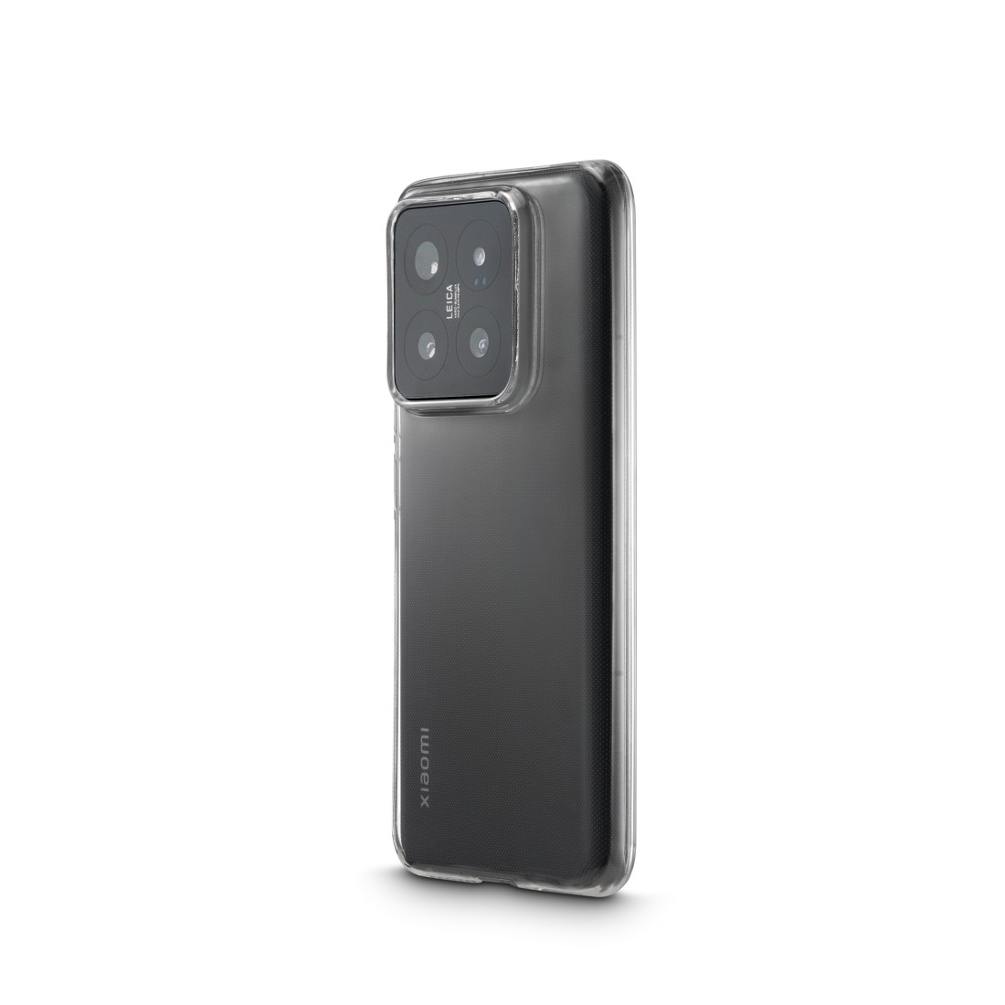 Ein Xiaomi-Telefon in einer durchsichtigen Hülle wird gezeigt. Die Hülle hat eine Kameraausbuchtung mit Leica-Branding.