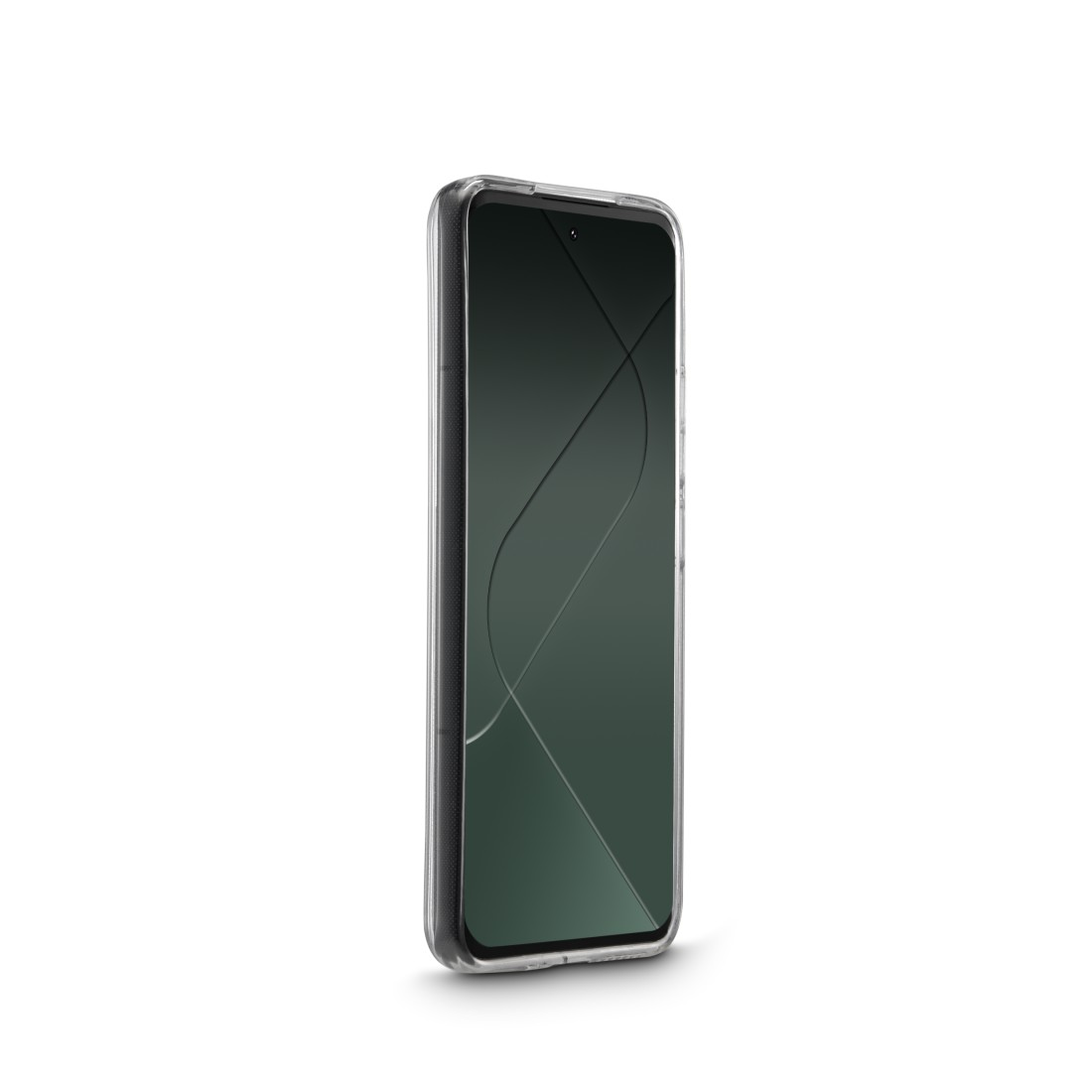 Eine transparente Handyhülle. Das Telefon ist schwarz mit einem grünen Bildschirm.