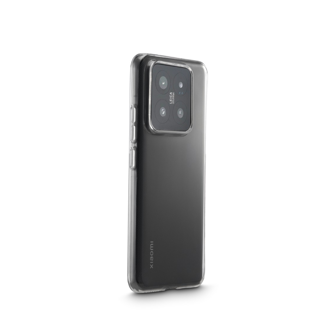 Ein schwarzes Telefon mit einer durchsichtigen Hülle, die einen transparenten Rücken und einen Kameraausschnitt hat.