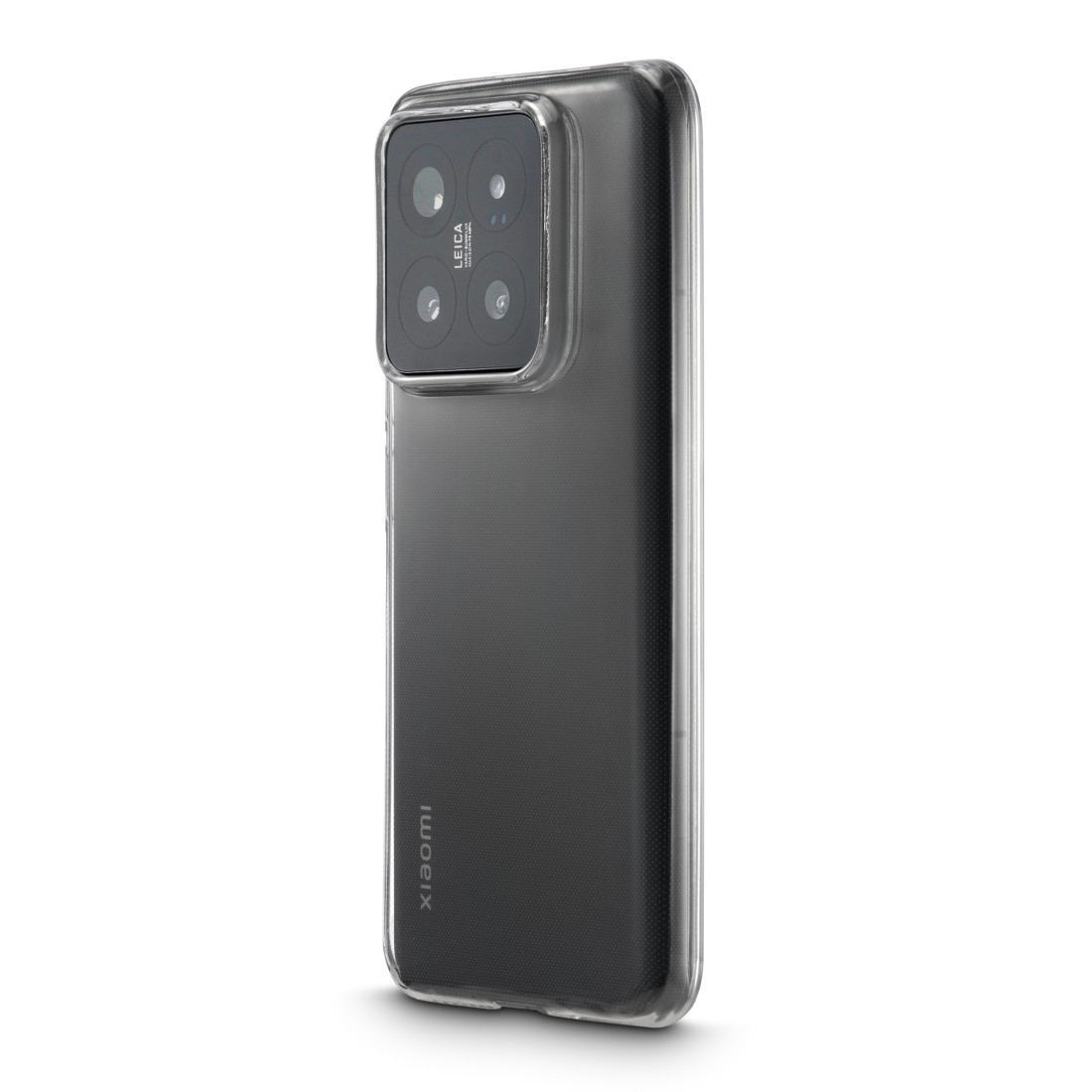 Transparente Handyhülle mit drei Kameralinsen. Xiaomi-Logo unten.