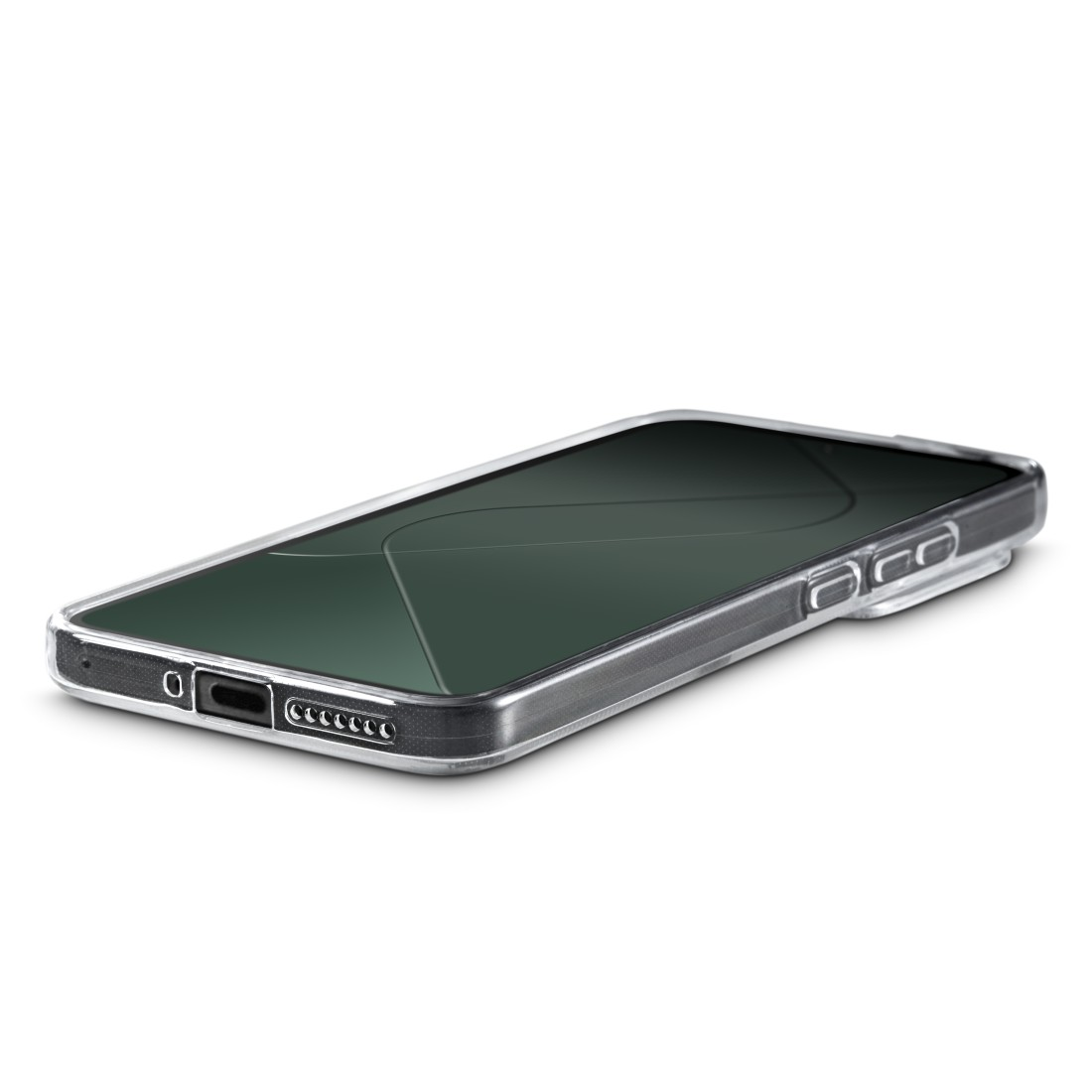 Ein Telefon in einer durchsichtigen Hülle. Das Telefon ist in einem Winkel. Der Bildschirm ist sichtbar.