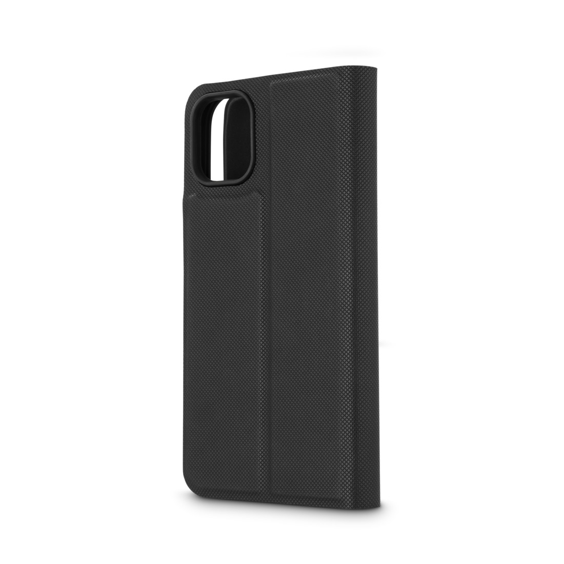 Eine schwarze Handyhülle für ein iPhone, geschlossen, auf weißem Hintergrund. Die Hülle hat eine strukturierte Oberfläche.