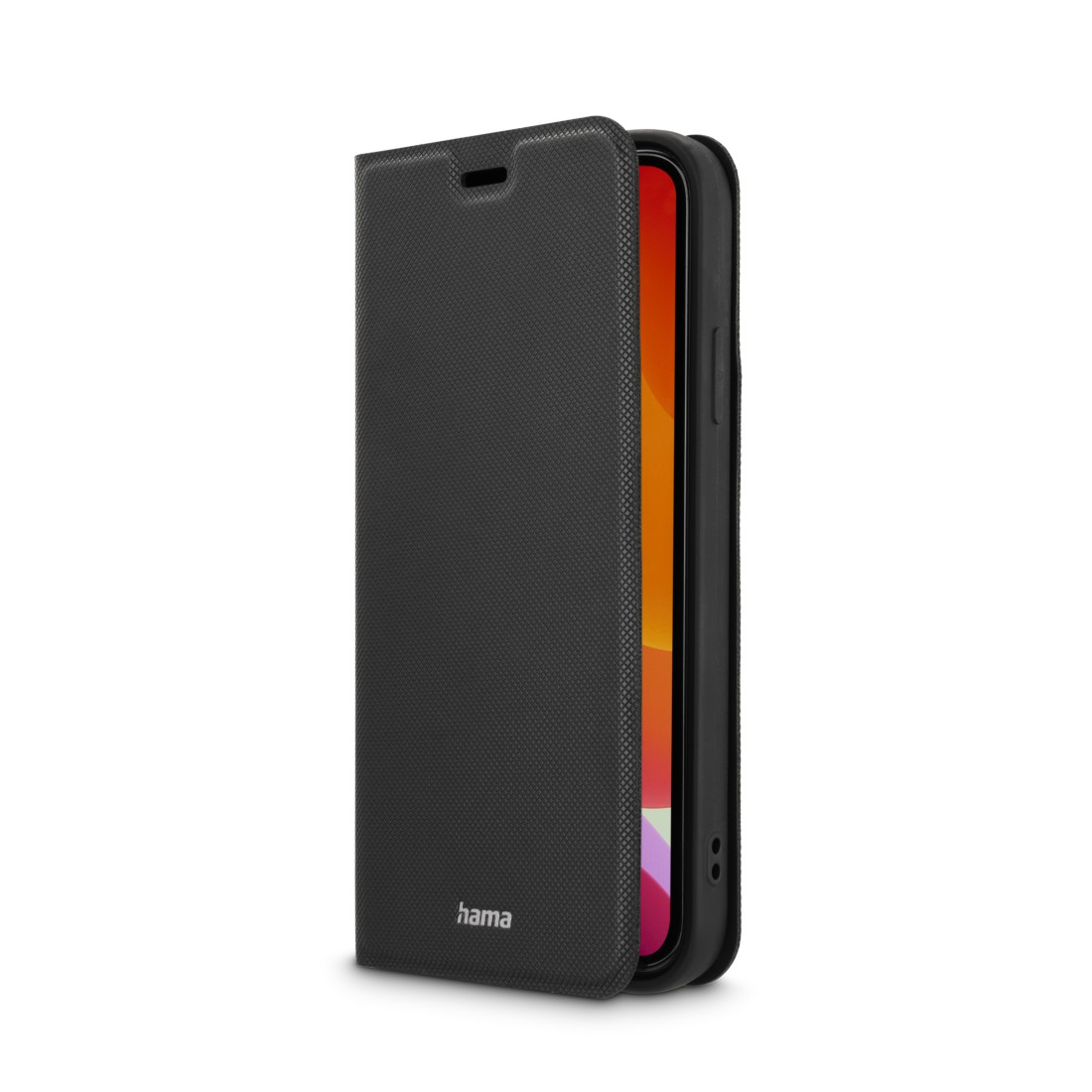 Eine schwarze Handyhülle, offen, zeigt ein Handy mit orange-rotem Hintergrund. Weiß.