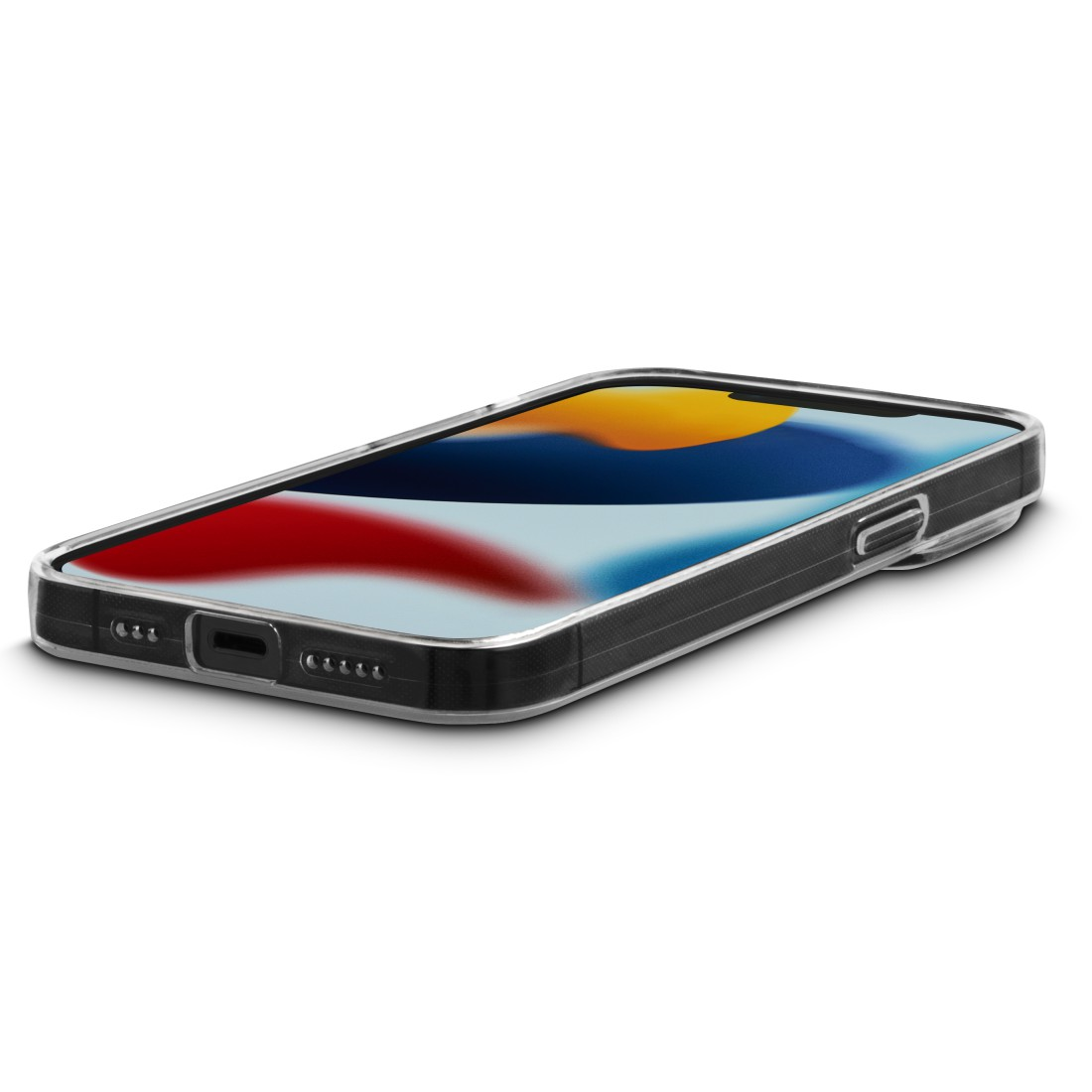 Telefon in einer durchsichtigen Hülle. Der Bildschirm zeigt ein farbenfrohes Bild. Weißer Hintergrund.