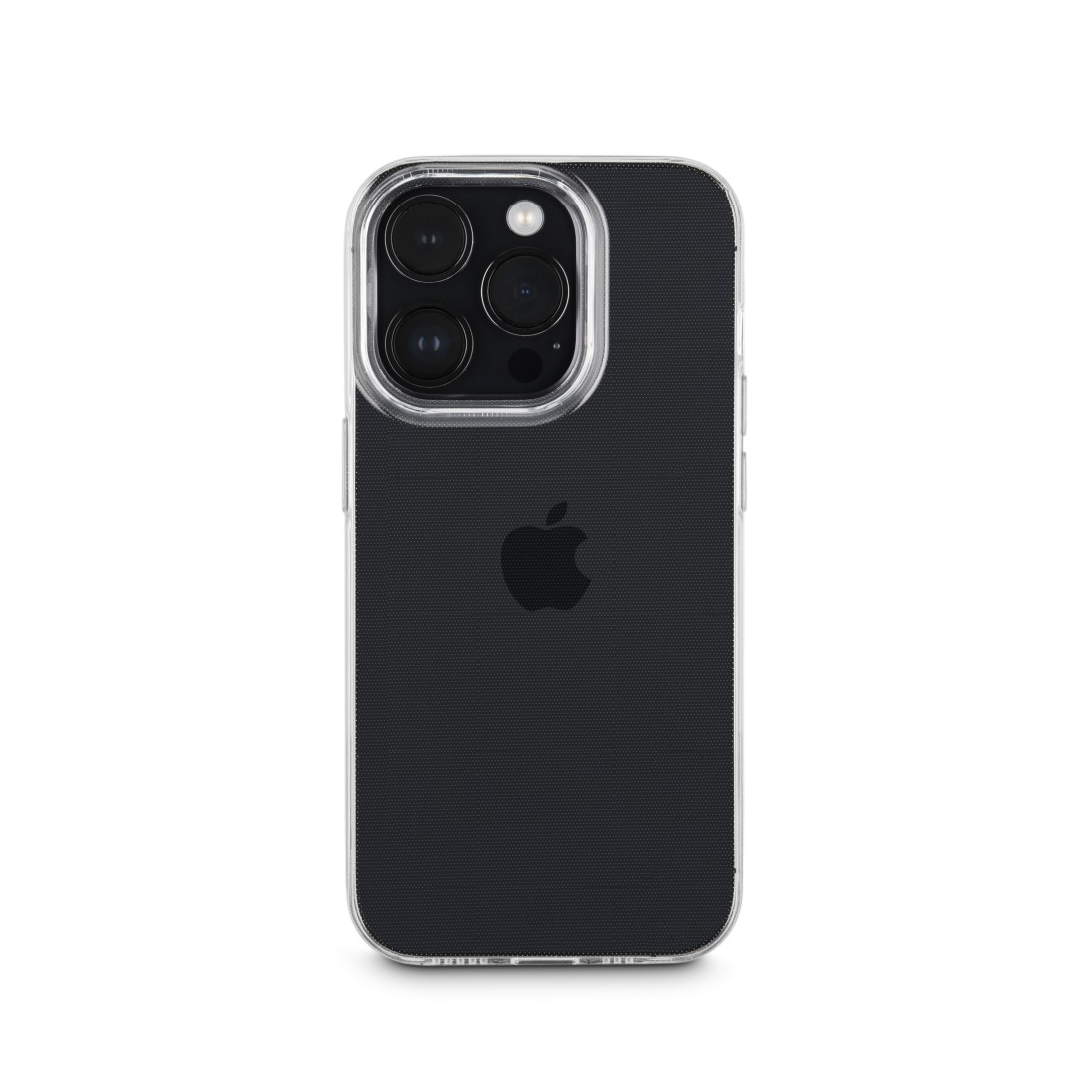 Schwarzes Telefon mit klarer Hülle. Das Telefon hat mehrere Kameras und das Apple-Logo.