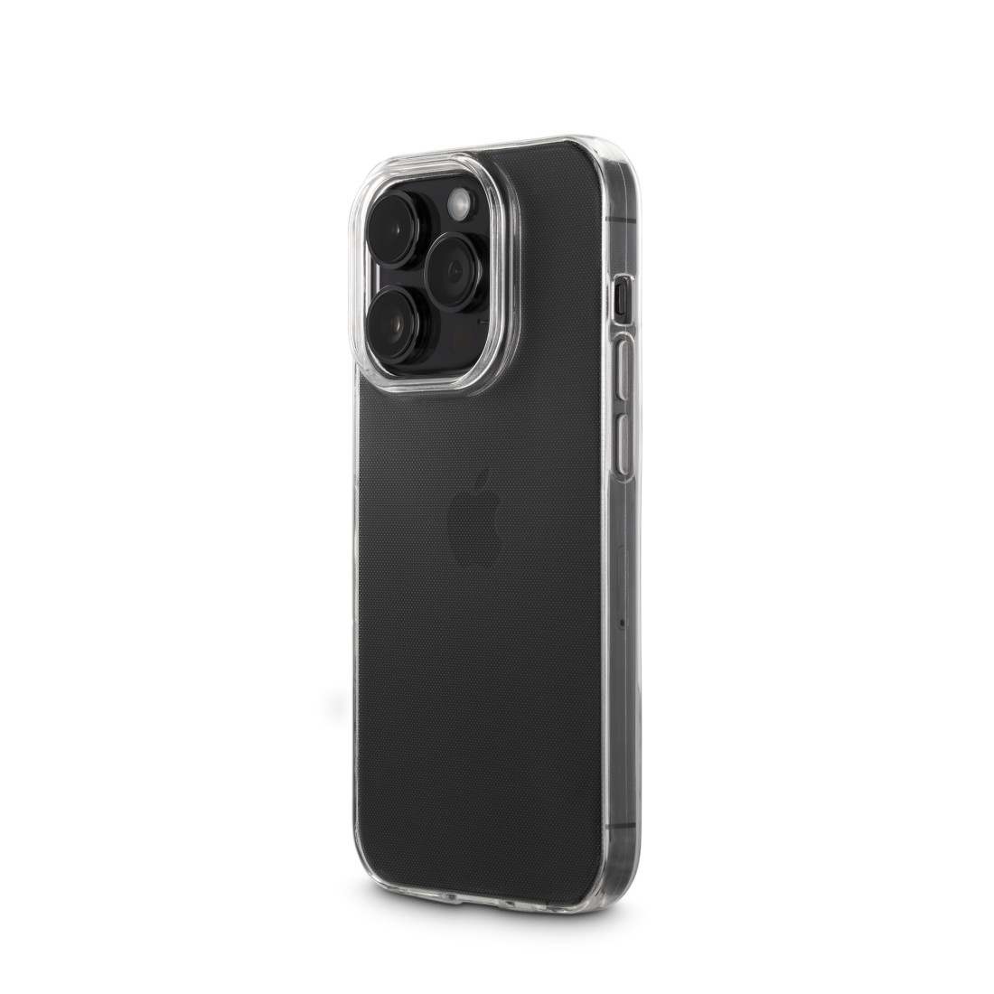 Schwarzes iPhone 14 Pro in einer transparenten Hülle, die Kameras zeigend, auf weißem Grund.