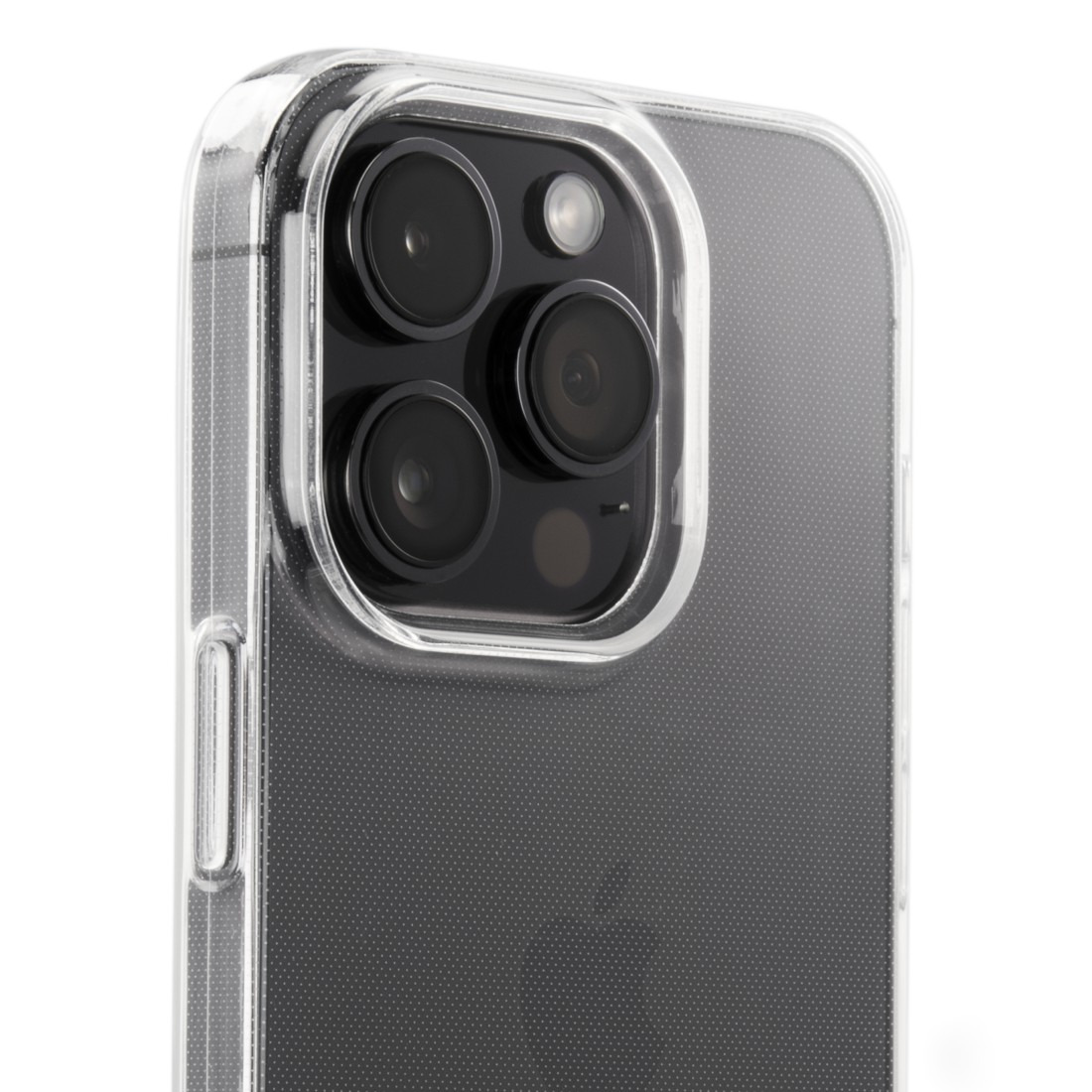 Nahaufnahme der iPhone-Rückseite, in einer transparenten Hülle.