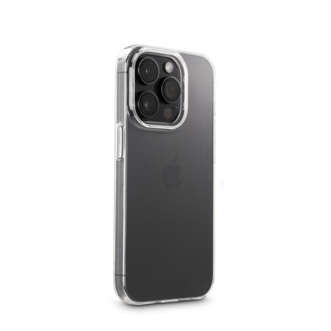 iPhone mit durchsichtiger Hülle, Rückseite mit Kamera sichtbar.