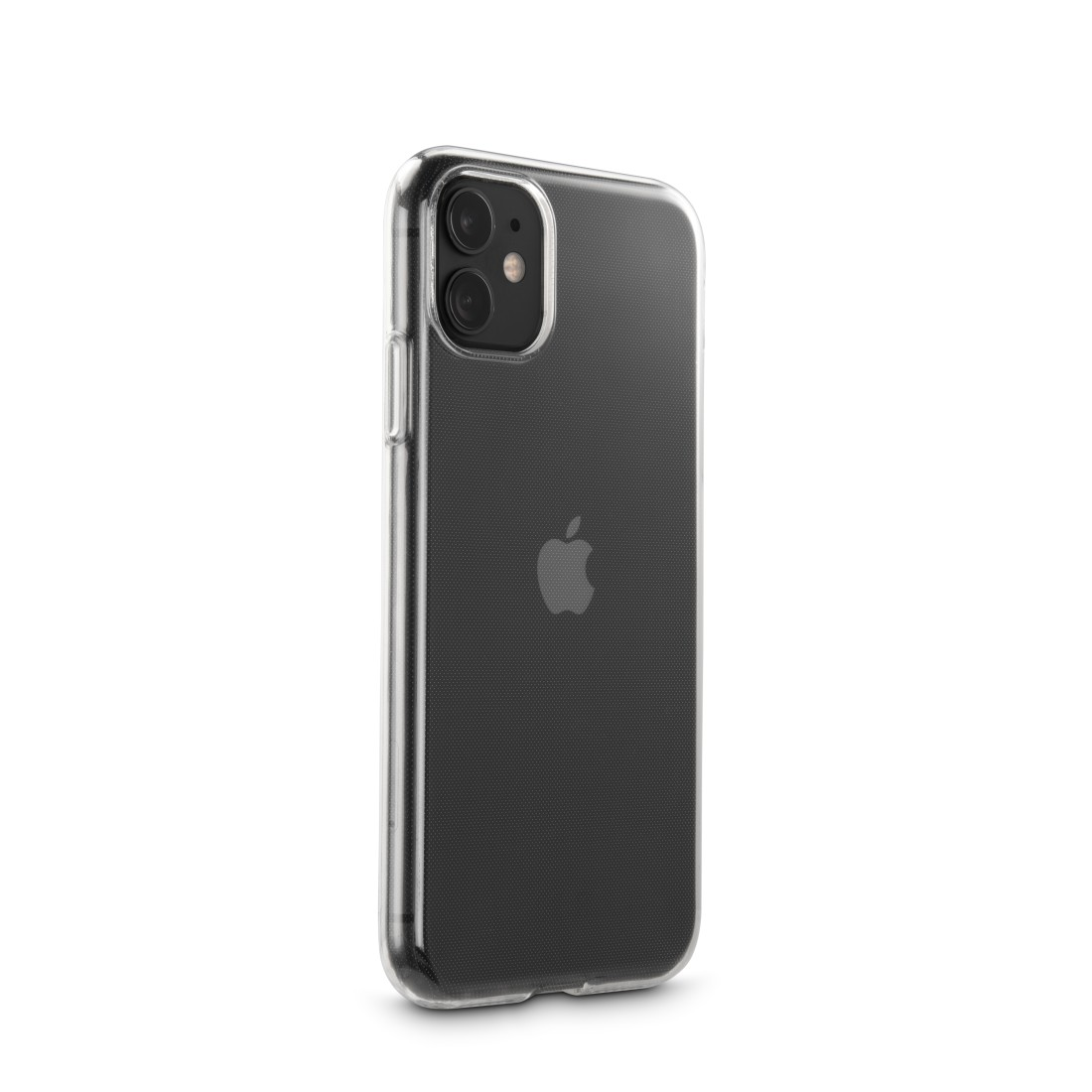 Eine transparente Handyhülle auf einem schwarzen Telefon. Die Hülle ist durchsichtig, das Apple-Logo ist sichtbar.