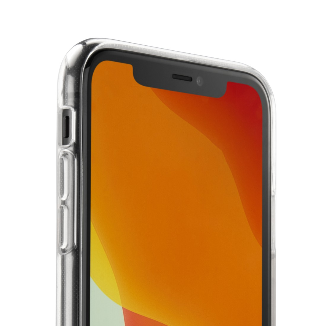Nahaufnahme eines Telefons mit orange-gelbem Hintergrundbild auf dem Bildschirm.