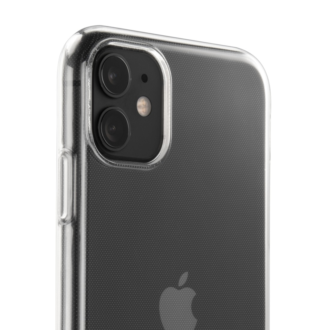 Nahaufnahme einer iPhone-Hülle mit zwei Kameralinsen, transparenter Kunststoffhülle und schwarzem Hintergrund.
