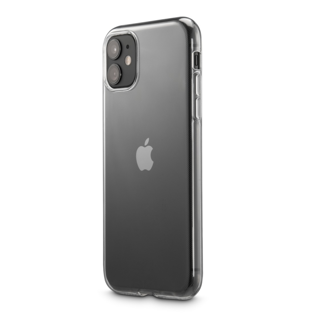 Transparente Handyhülle mit Telefon, Apple-Logo sichtbar. Zwei Kameralinsen sichtbar.
