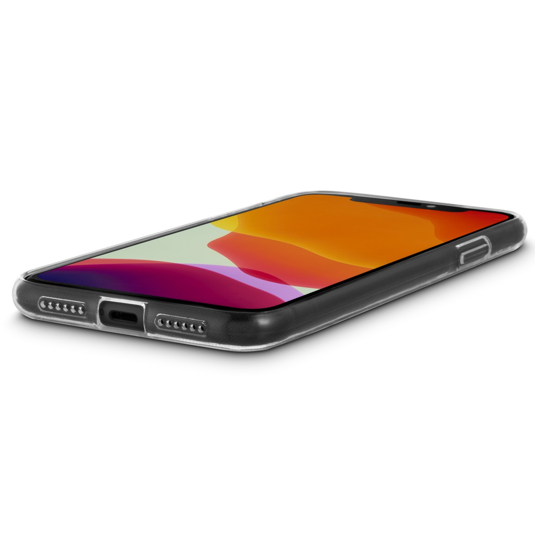 Ein iPhone in einer transparenten Hülle mit einem hellen orange-gelben Farbverlauf auf dem Bildschirm.