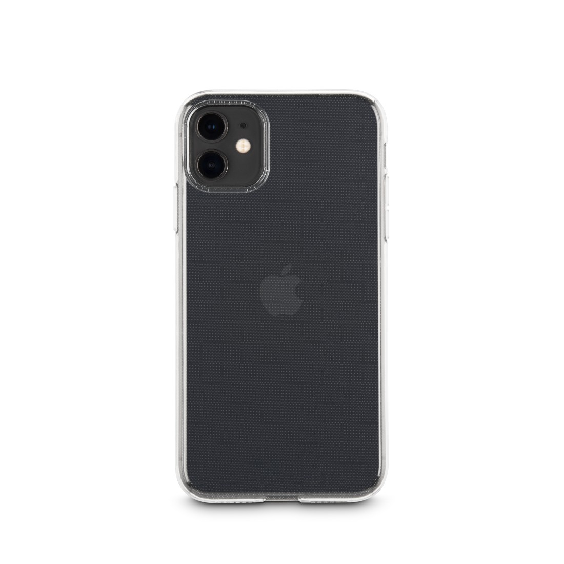 iPhone in einer transparenten Hülle, zeigt die Rückseite mit Apple-Logo und schwarzem Innenraum.