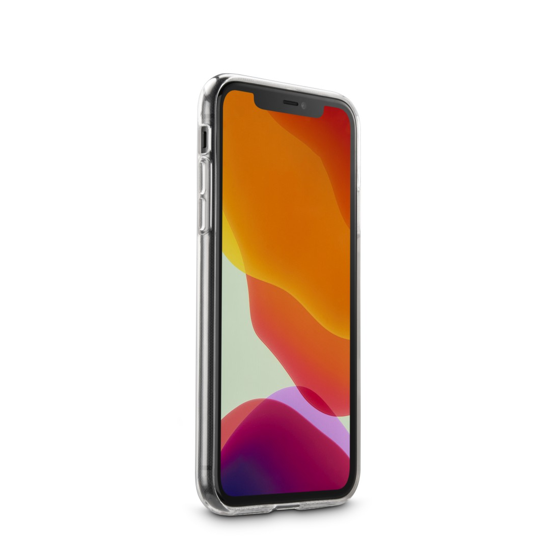 iPhone mit durchsichtiger Hülle. Das Telefon zeigt einen orangefarbenen und lila Hintergrund. Weißer Hintergrund.