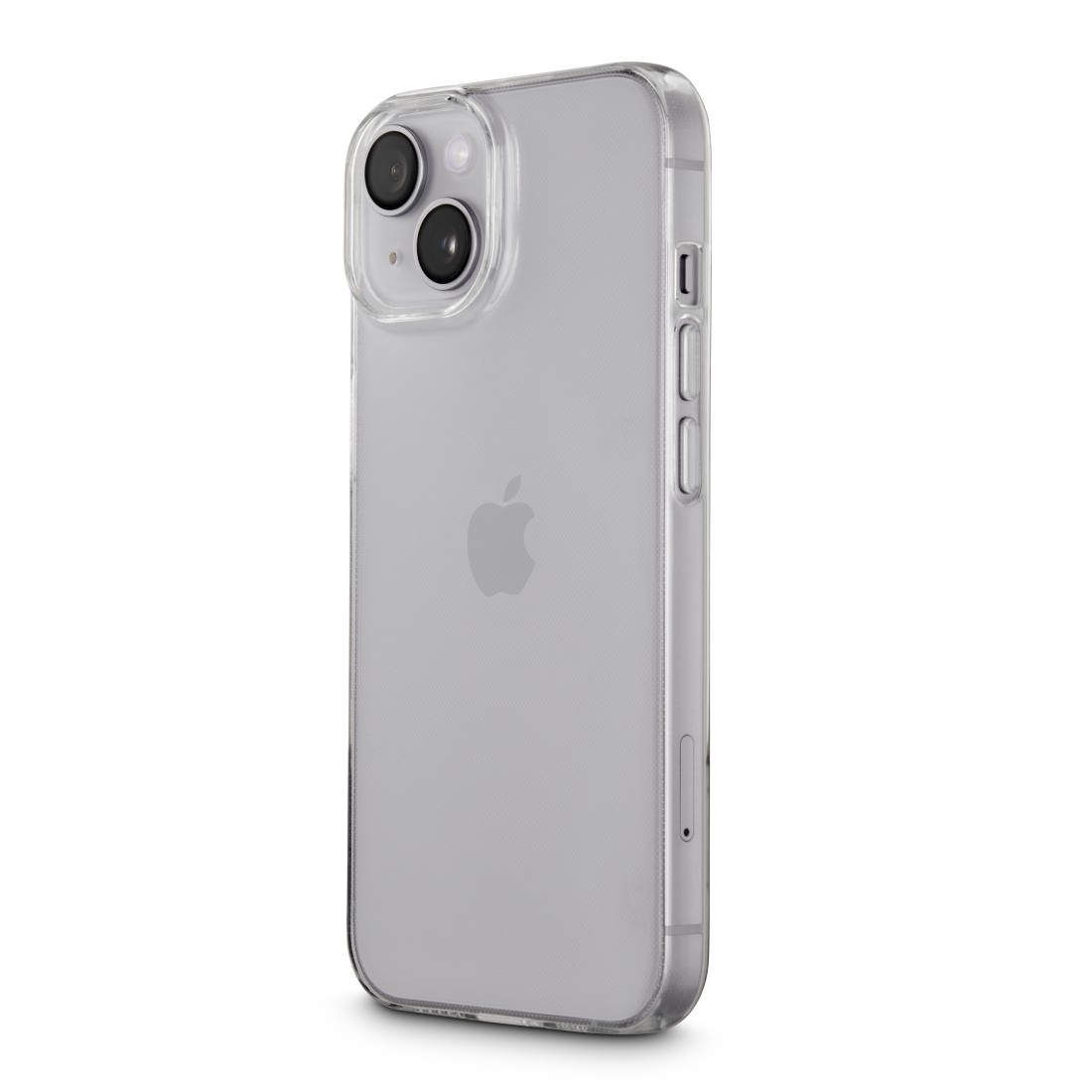 Telefon in klarer Hülle. Der Bildschirm zeigt farbenfrohes, abstraktes Hintergrundbild. Seitentasten sichtbar.