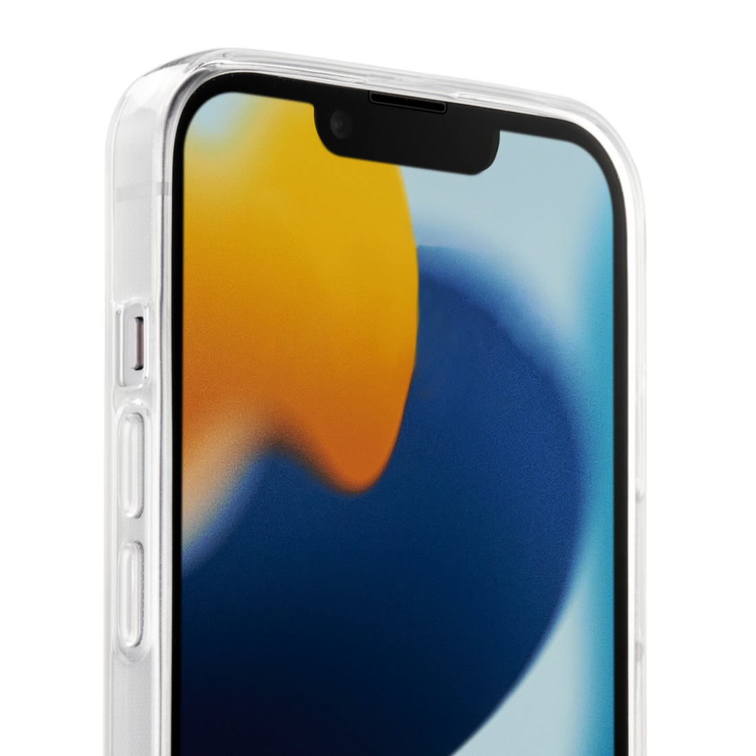 Nahaufnahme eines Telefonbildschirms in einer durchsichtigen Hülle. Der Bildschirm zeigt ein blaues und gelbes Bild.