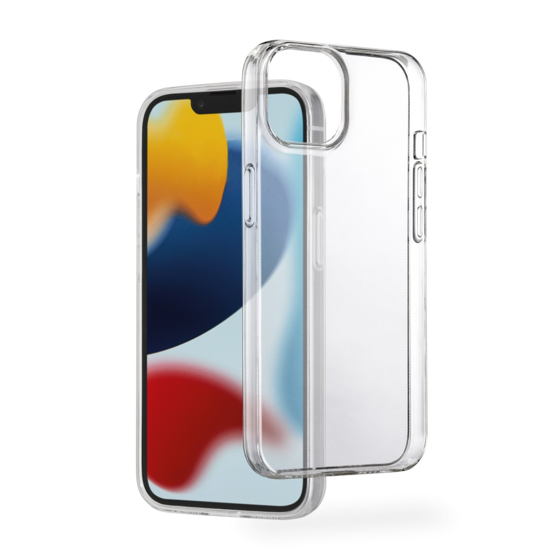 Transparente Handyhülle über einem Telefon, weißer Hintergrund.