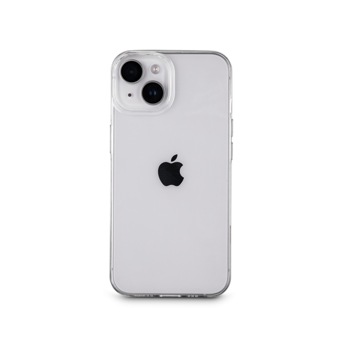 Transparente Handyhülle auf einem Apple iPhone. Apple-Logo sichtbar, weißer Hintergrund.