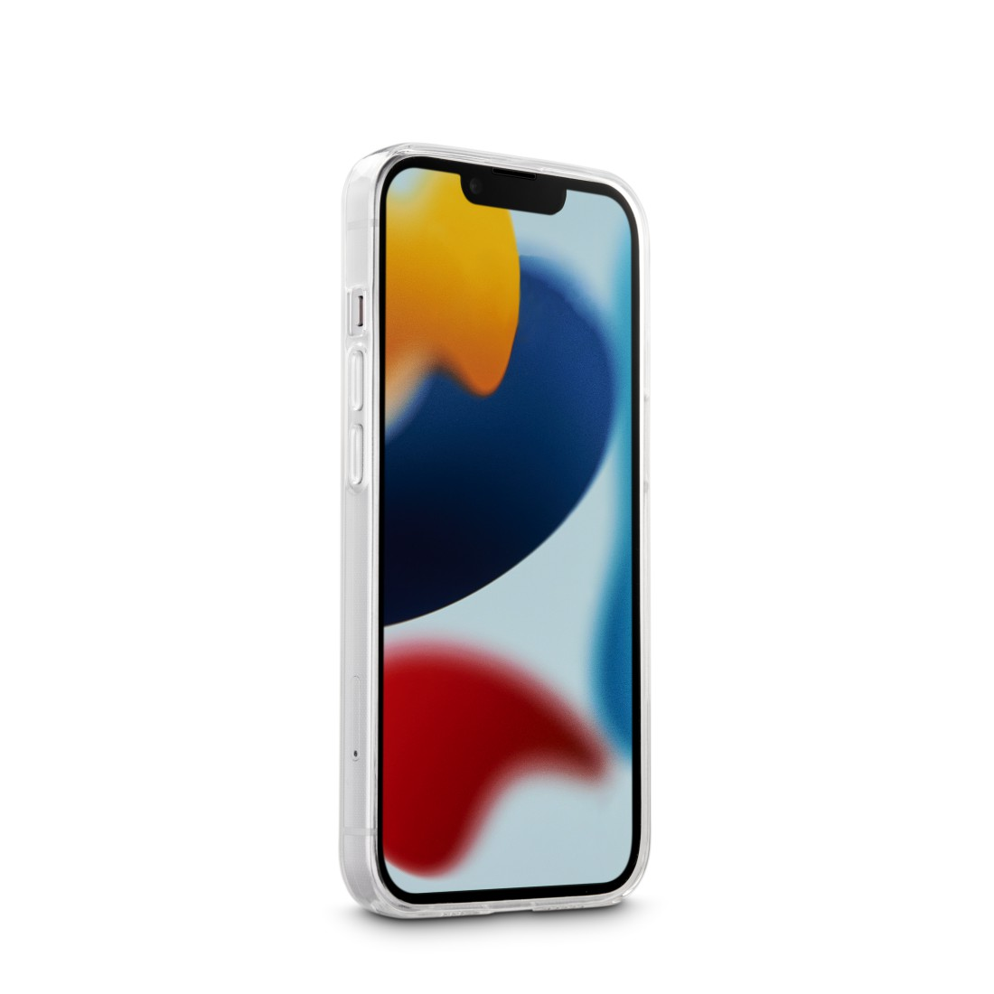 iPhone in klarer Hülle. Der Bildschirm zeigt ein farbenfrohes, abstraktes Design.
