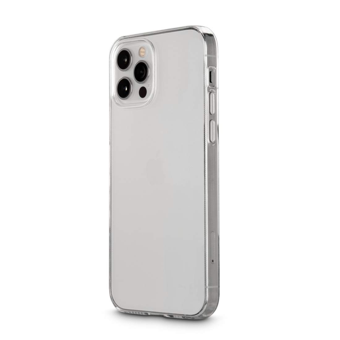 Transparente Handyhülle auf weißem Hintergrund, mit Telefon darin.