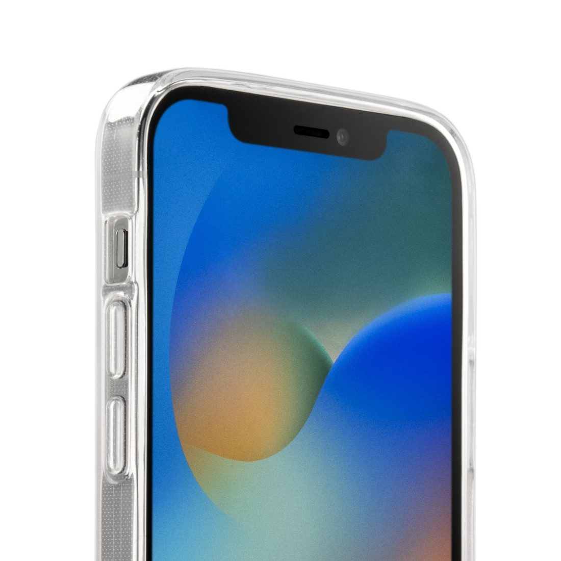 Nahaufnahme einer transparenten Handyhülle mit Telefon, das die Oberseite zeigt.