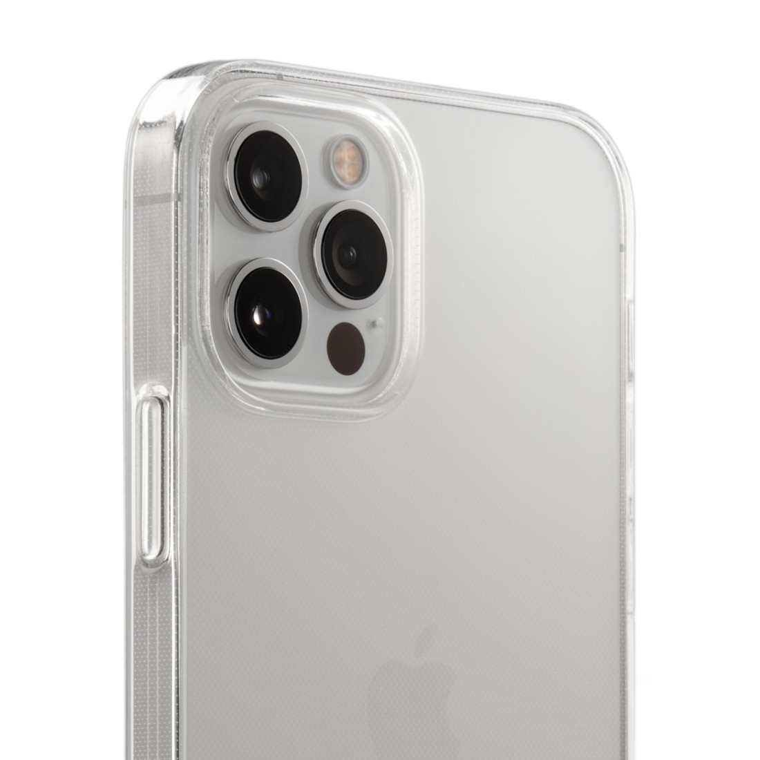 Klare iPhone-Hülle mit sichtbaren Kameralinsen. Weißer Hintergrund.