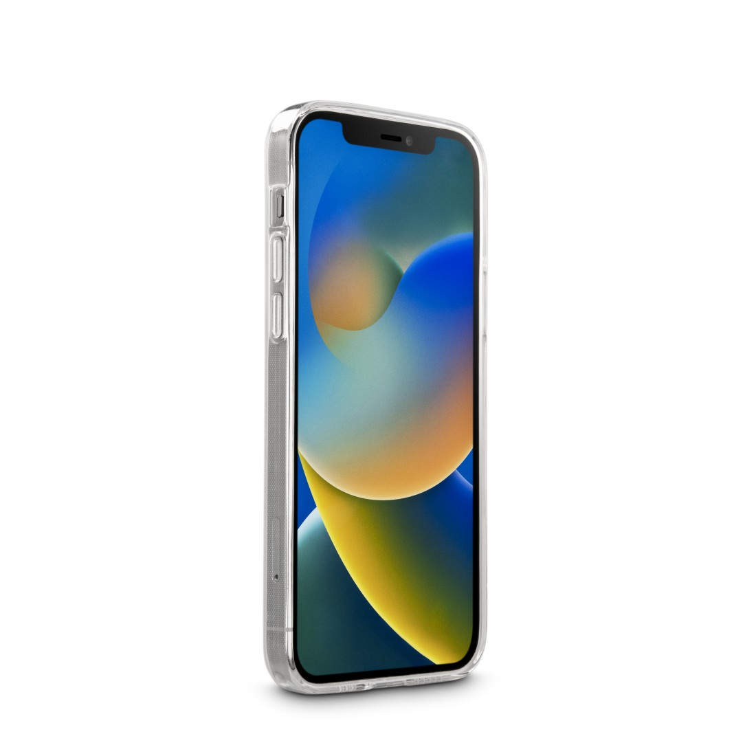 Transparente Handyhülle schützt ein Smartphone mit blauem und gelbem Display. Die Hülle ist transparent.