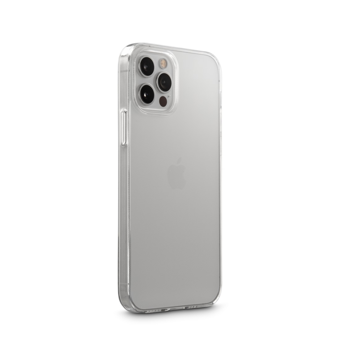 Transparente Handyhülle mit Telefon darin, auf weißer Oberfläche.