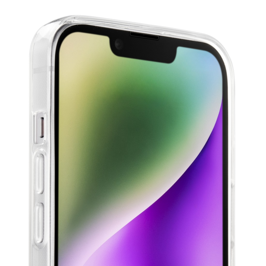 Nahaufnahme eines iPhones in einer transparenten Hülle, die den Bildschirm und den Kameraausschnitt zeigt. Der Bildschirm zeigt Farben.