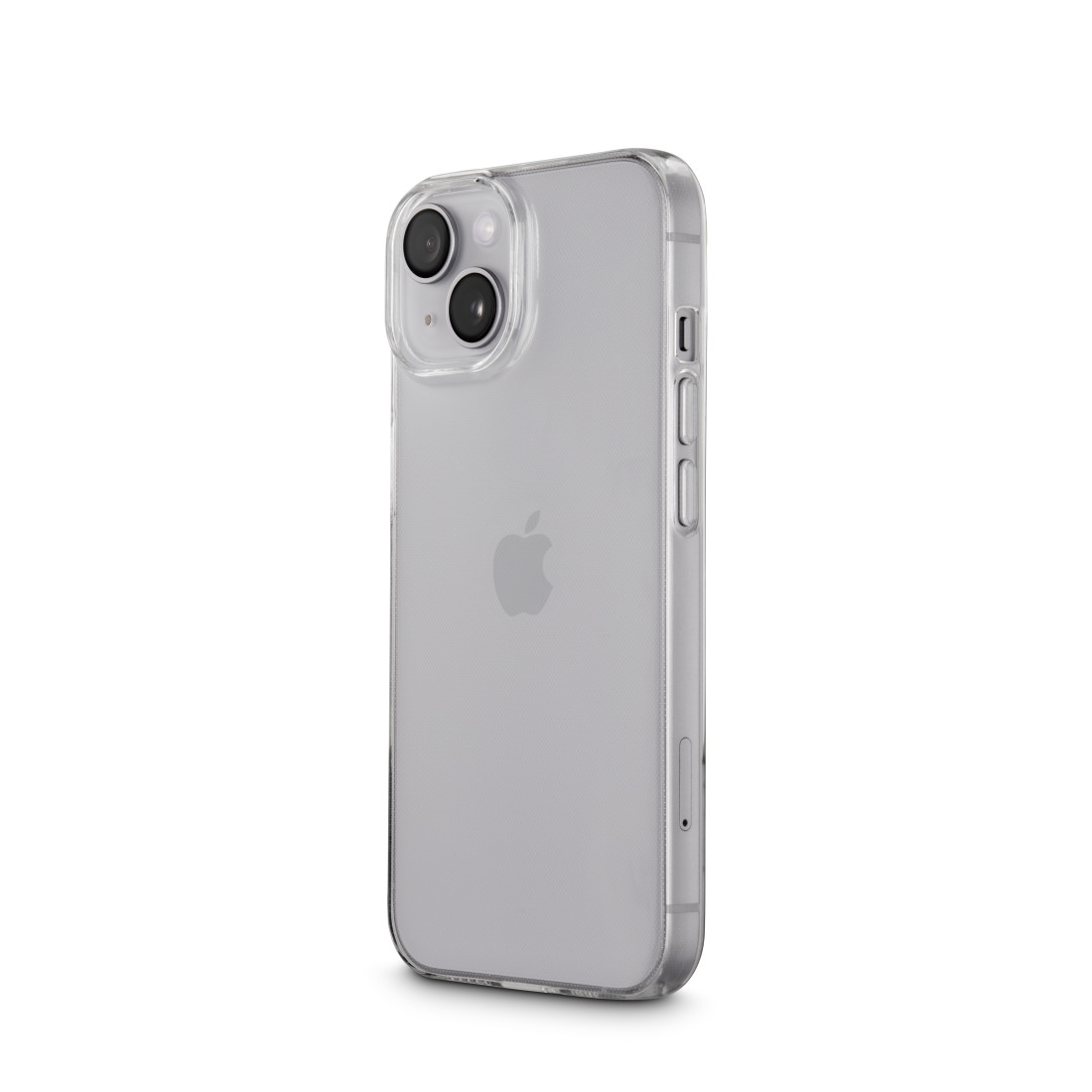 iPhone in einer transparenten Hülle. Zeigt die Seite mit Knöpfen und Kameramodul.