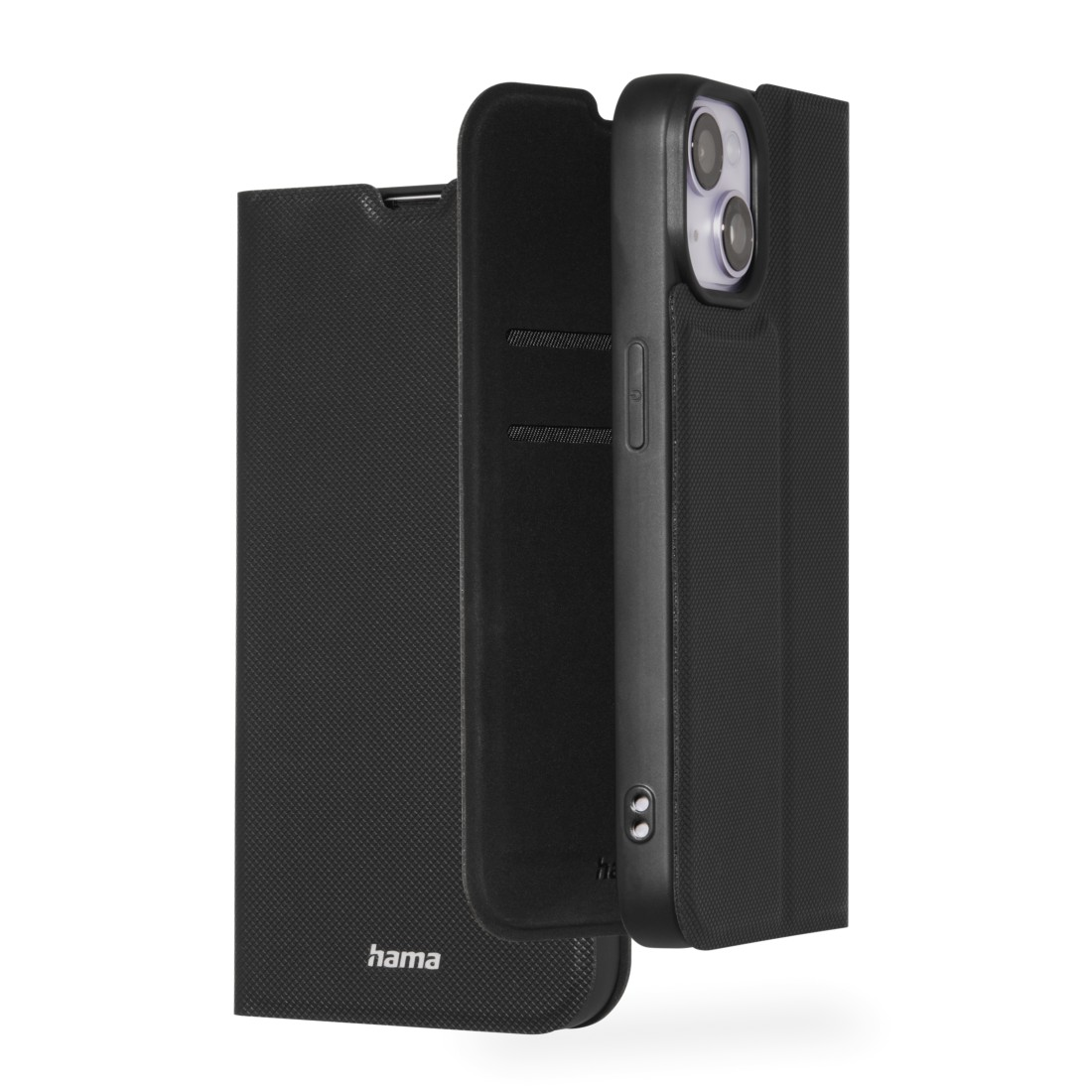 Eine schwarze Handyhülle, geöffnet, mit einem schwarzen Handy, auf weißem Hintergrund.