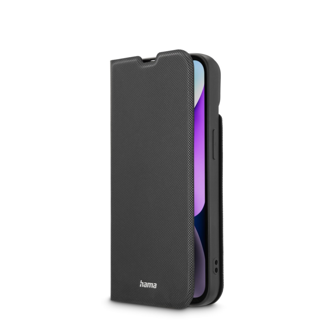 Geöffnete schwarze Handyhülle, die ein Telefon zeigt. Die Hülle hat eine strukturierte Oberfläche.