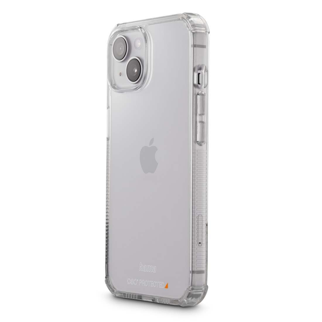 Eine transparente Handyhülle auf weißem Grund. Ein Apple-Logo ist durch die Hülle sichtbar.