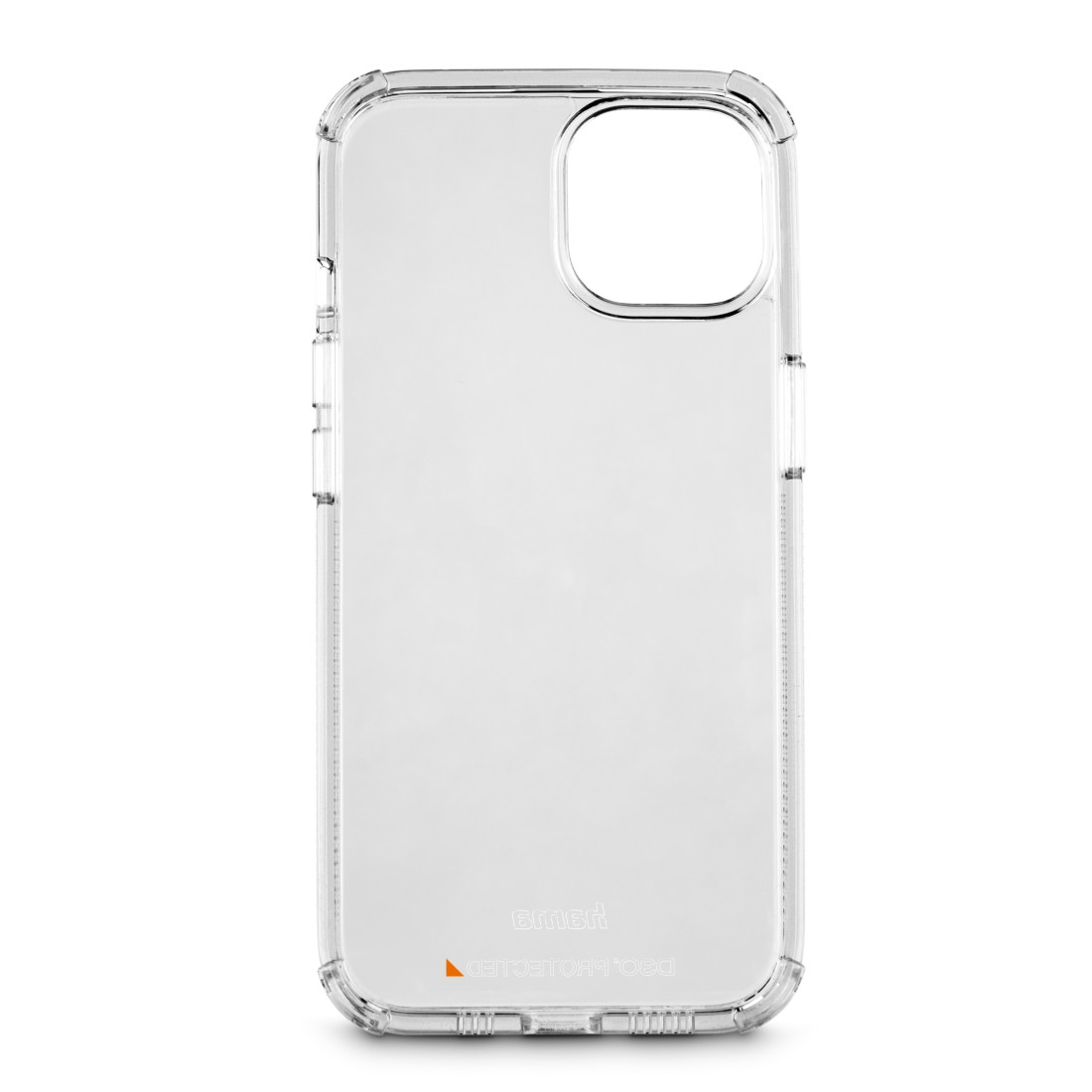 Transparente Handyhülle mit orangefarbenem Logo. Weißer Hintergrund.