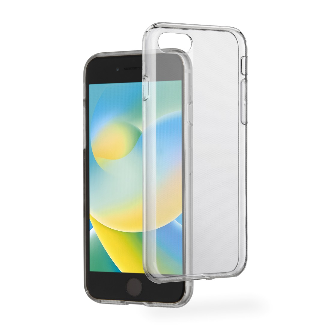 Schwarzes Telefon mit transparenter Hülle. Der Bildschirm zeigt bunte Grafiken.