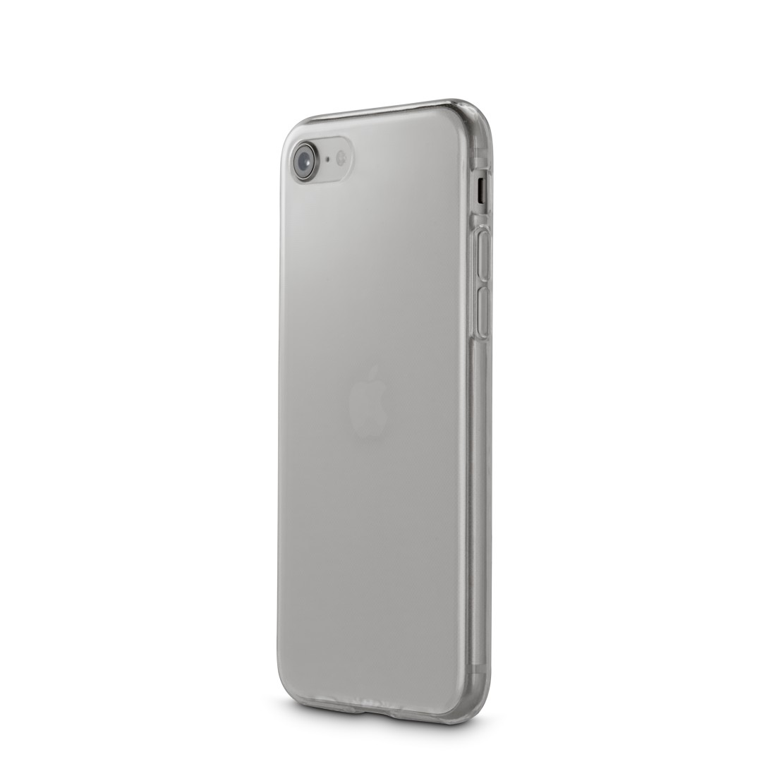 Eine klare Handyhülle auf einem grauen Telefon, von der Seite.