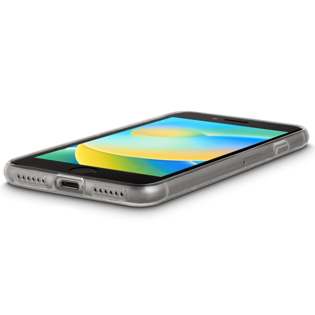 Smartphone mit klarer Hülle auf weißer Oberfläche, Bildschirm zeigt farbenfrohes Bild.