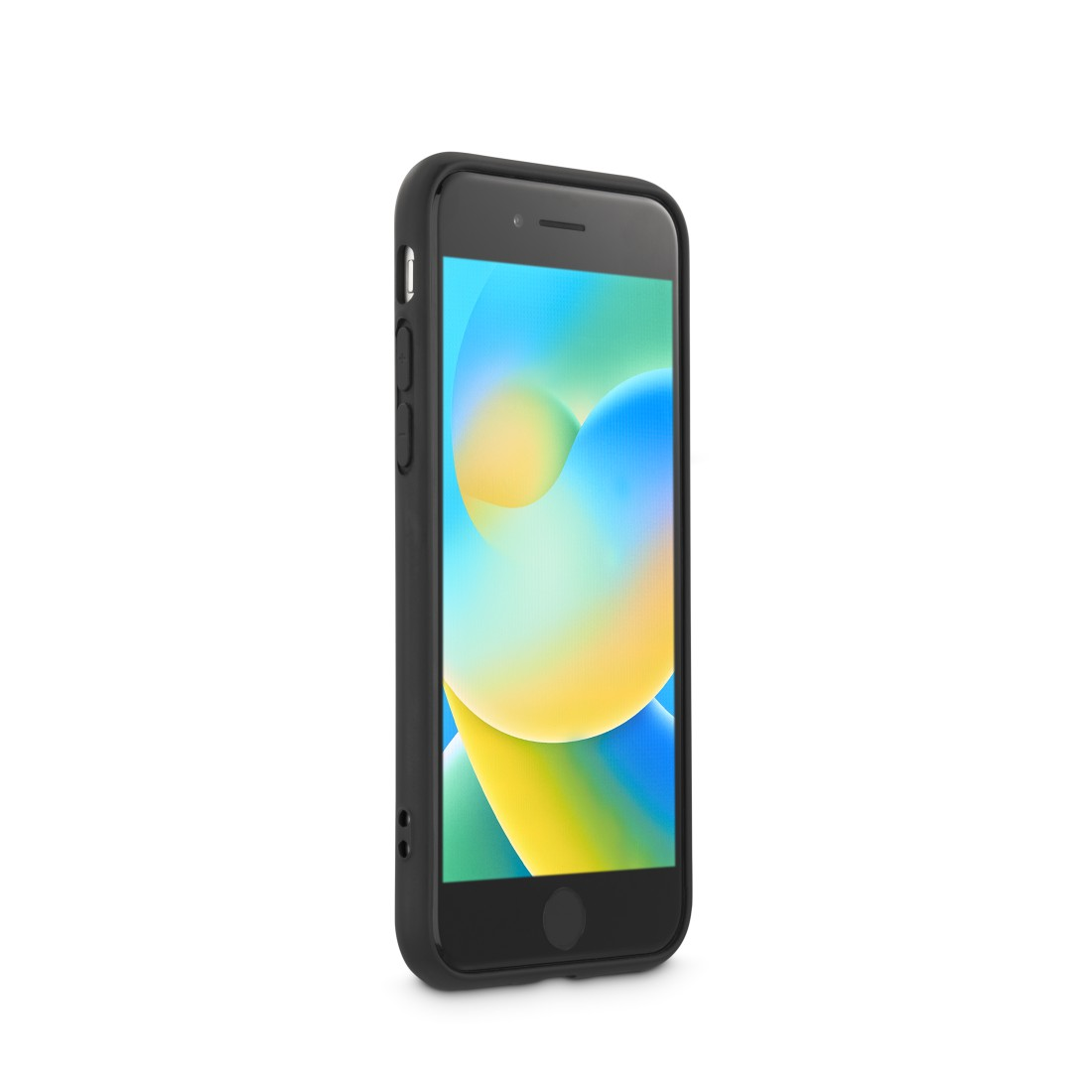 Eine schwarze Handyhülle mit einem Telefon darin. Das Telefon hat einen bunten abstrakten Hintergrund.