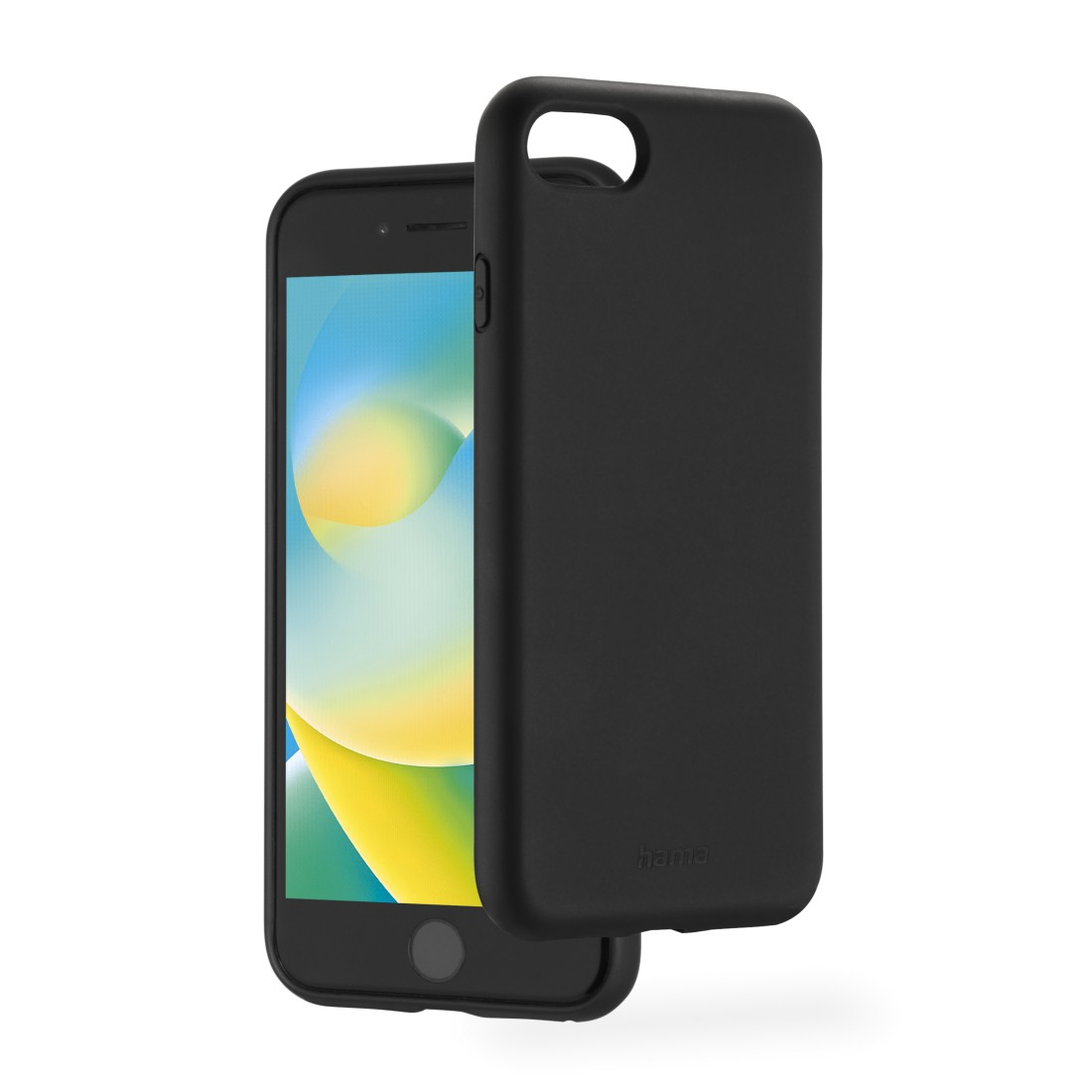 Schwarzes Telefon mit schwarzer Hülle auf weißem Hintergrund.