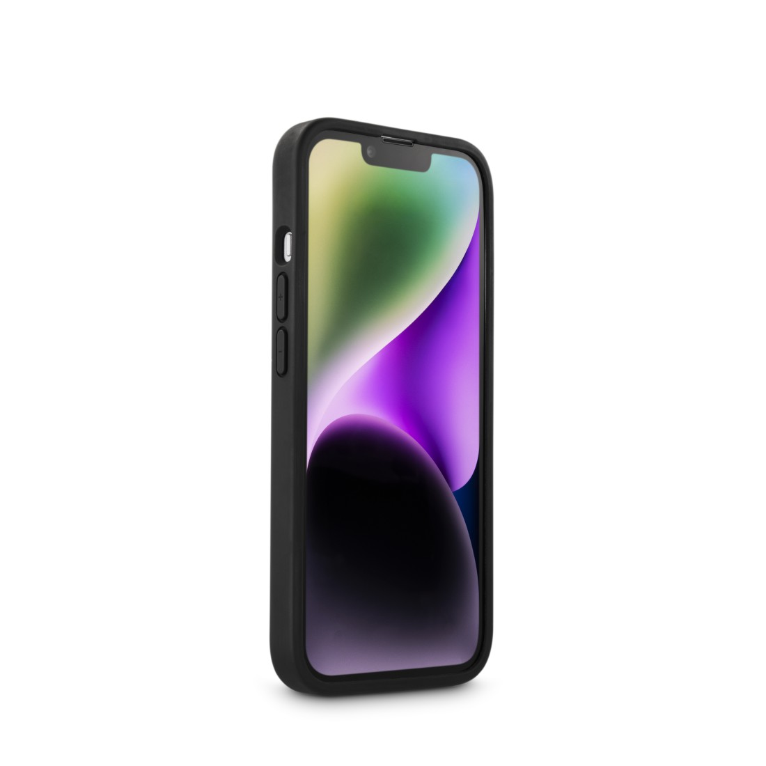 Ein Telefon in einer schwarzen Hülle, das den Bildschirm und die Seitentasten zeigt.