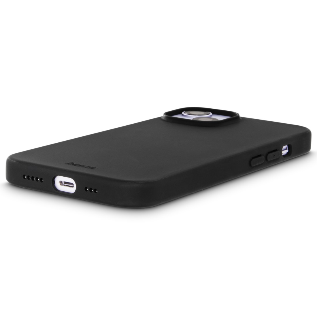 Schwarzes iPhone in einer schwarzen Hülle. Die Kamerastosskante des iPhones ist sichtbar.