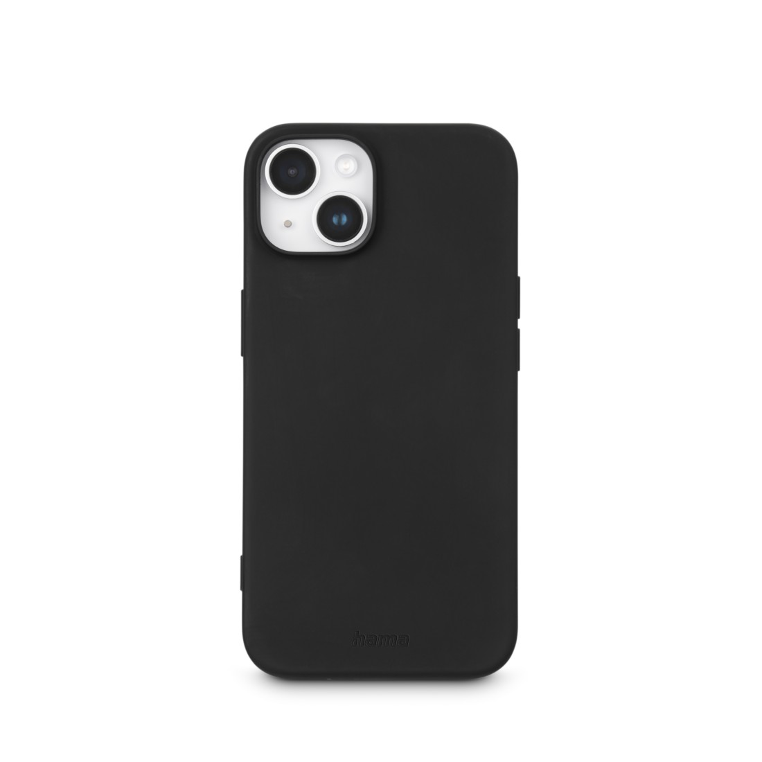 Schwarze Handyhülle mit Telefon. Rückansicht. Weißer Hintergrund.