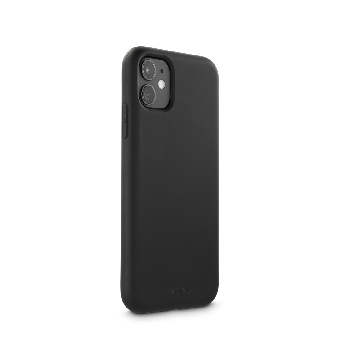 Schwarzes Telefon in einer schwarzen Hülle. Das Telefon hat Dual-Kameras und eine Taste.