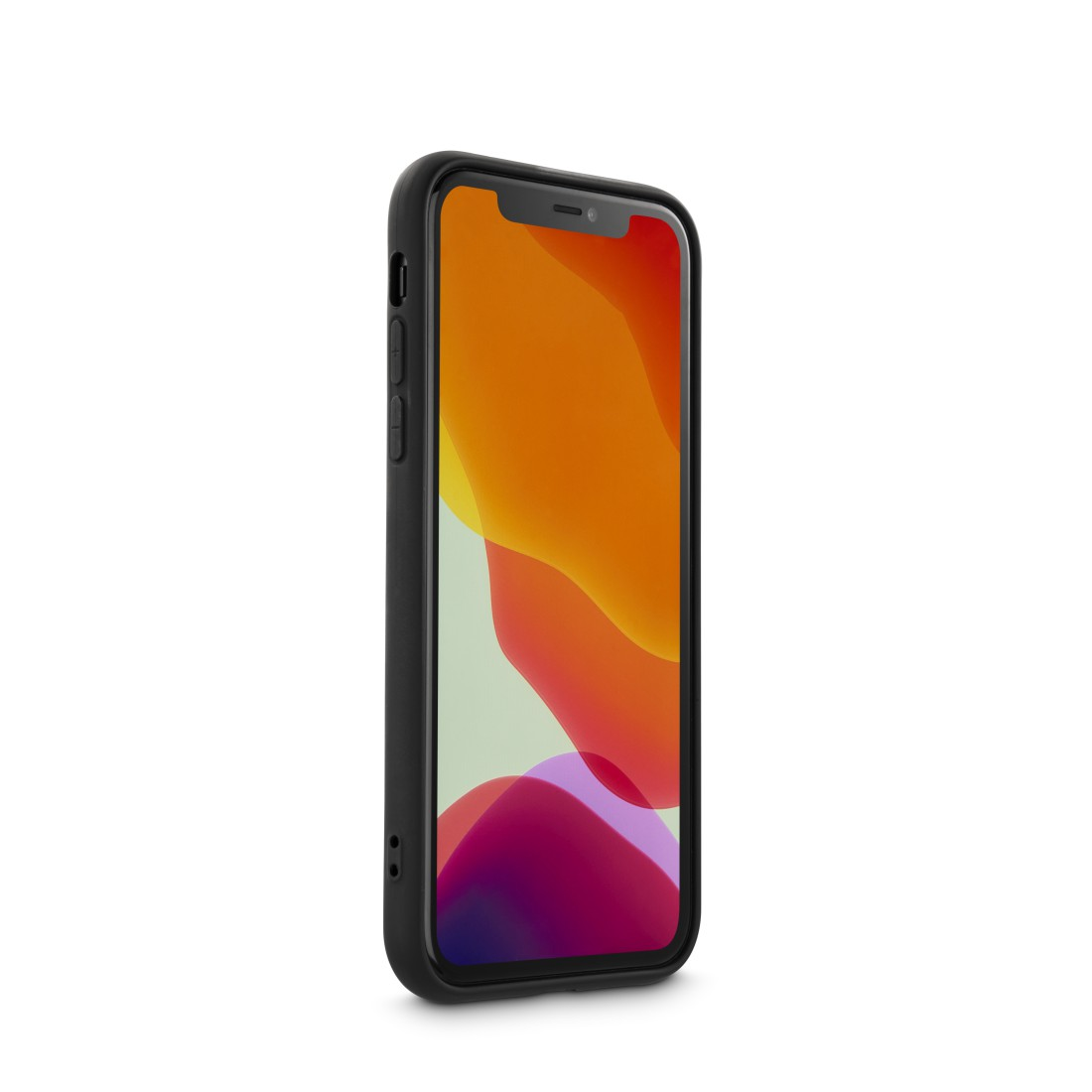 Schwarzes Smartphone in einer schwarzen Hülle, Seitenansicht, mit eingeschaltetem Bildschirm, zeigt bunten Hintergrund.