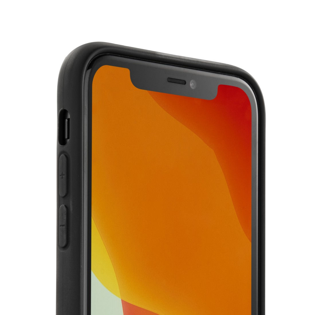 Nahaufnahme eines schwarzen Telefons mit schwarzer Hülle, das den Bildschirm mit orange-gelbem Hintergrund zeigt.