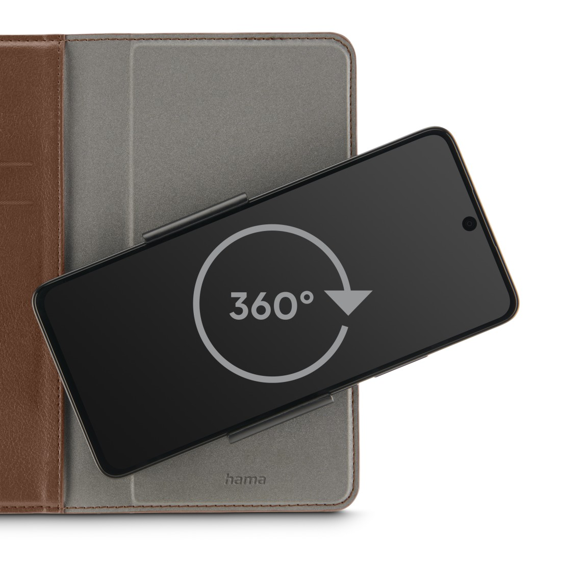 Tablet in einer Hülle, Bildschirm gedreht. Braune und graue Hülle.